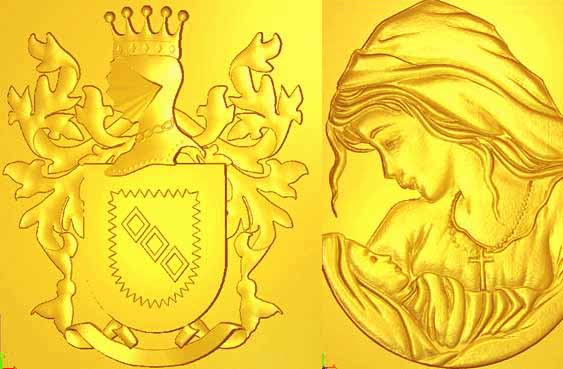 Maria y jesús en relieve y dibujo en relieve de escudo