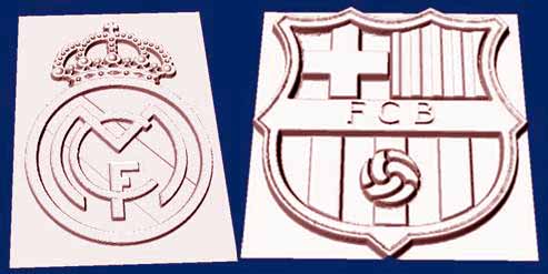 Dibujo de relieve del escudo del futbol club Barcelona y dibujo en
           relieve del escudo del Real Madrid
